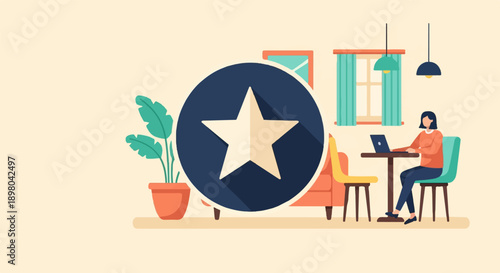 Person working on laptop in a cozy room with a large star emblem