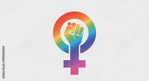 Vibrant rainbow feminist symbol with empowered raised fist logo on white