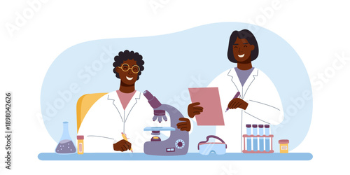 Two scientists in laboratory with test tubes and microscope. Concept of biotechnology, medical research, science. Vector flat illustration.