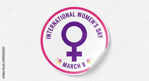 International women's day badge with purple symbol and pink border on white background