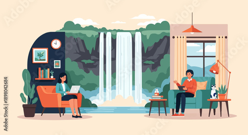 People working remotely with a scenic waterfall backdrop