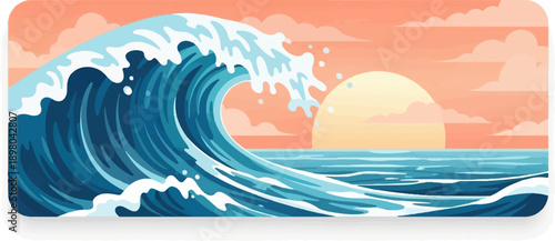 Pixelated ocean wave cresting with a sun and clouds in the background