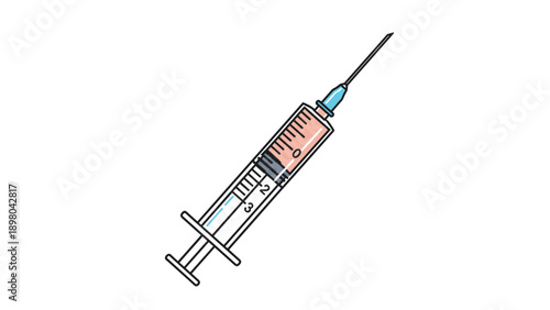 Medical syringe filled with reddish liquid and a sharp needle ready for vaccination or clinical treatment in a simple vector style.