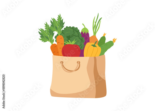 Shopping paper bag with vegetables isolated on white background. Shopping, healthy food, delivery, farming concepts. Vector flat clipart.