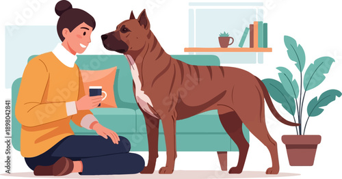 Person and dog relax near couch in cozy living room with plant