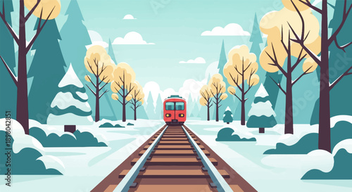 Red train travels through a snowy forest landscape