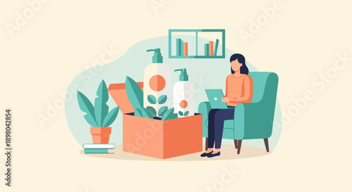 Person using laptop near bath products and houseplants