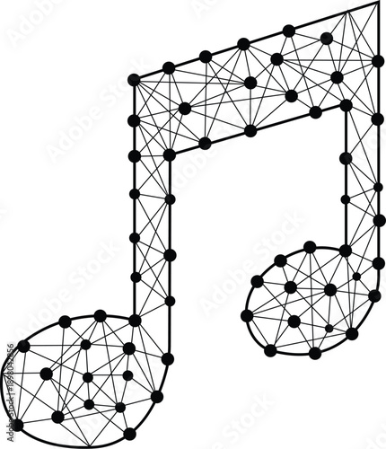 Abstract network musical note icon representing digital music technology data connections artificial intelligence sound visualization geometric nodes lines modern minimal