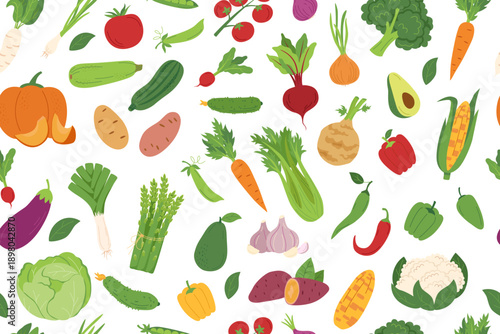 Vegetables seamless pattern2. Nature background of different vegetables isolated on white. Gardening, farming and food concept. Vector flat banner.