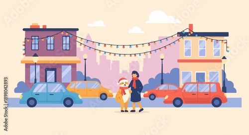 Person and dog stroll past decorated buildings with parked cars