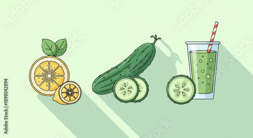 Refreshing lemon, cucumber, and green juice illustration