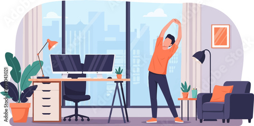 Person stretching in a modern office with city view