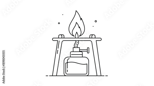 Alcohol burner or spirit lamp placed under a stand used for heating in chemical laboratories and educational settings as a line drawing.