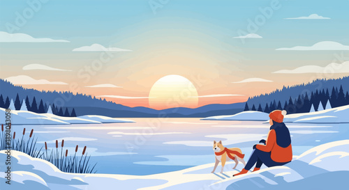 Person and dog watching a winter sunset over a frozen lake