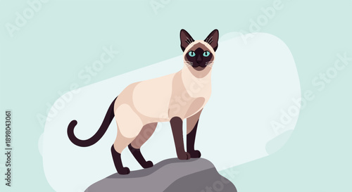 Pixelated Siamese cat with striking blue eyes stands on a rock