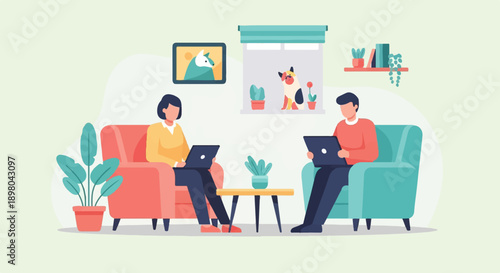 People working on laptops in a living room with a dog (1)