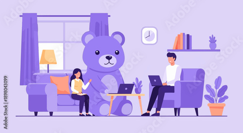 People working on laptops in a living room with a giant teddy bear