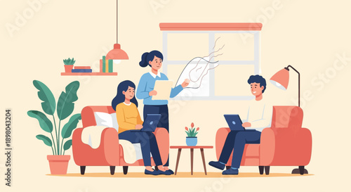 People working on laptops in a cozy room with plants and lamp