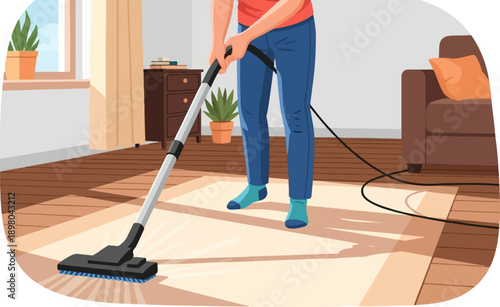 Person cleaning a carpet with a vacuum cleaner in a room