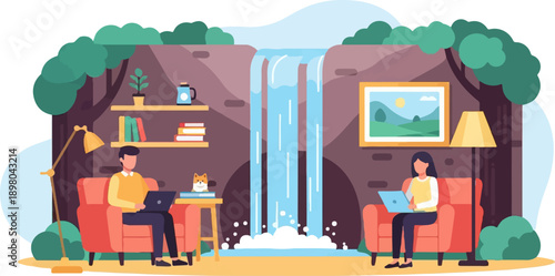 People working on laptops in a cozy room with a waterfall backdrop