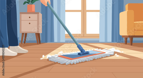 Person cleans wooden floor with a mop in a sunlit room