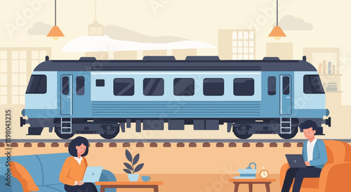 People working on laptops in a cozy room with a train passing by