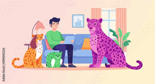 Person sits on couch with three stylized big cats in a room