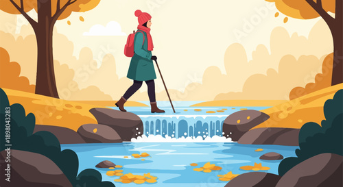 Person crossing a stream in a forest during autumn with colorful foliage