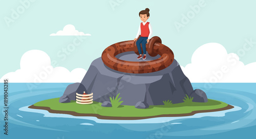 Person sits on a giant doughnut ring on a rocky island in the ocean