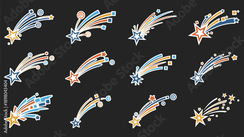 Set of colorful shooting star icons on a dark background depicting celestial movement and magical night sky elements for creative art.