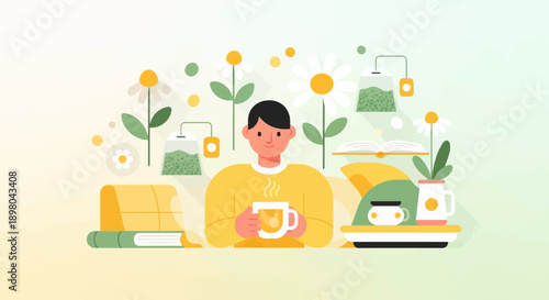 Person enjoying warm beverage surrounded by flowers, books, and tea