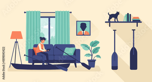 Person relaxing indoors with a tablet next to a canoe and oars