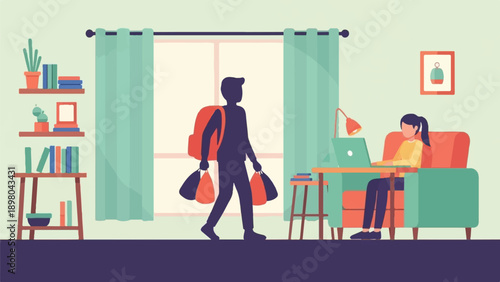 Person enters home carrying bags while another works on laptop at desk