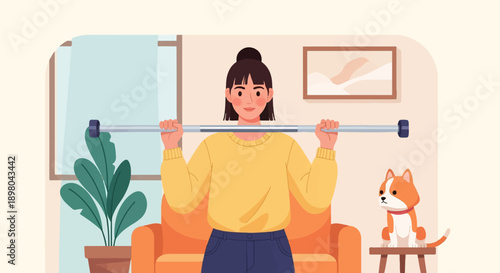 Person exercises with barbell at home with dog watching