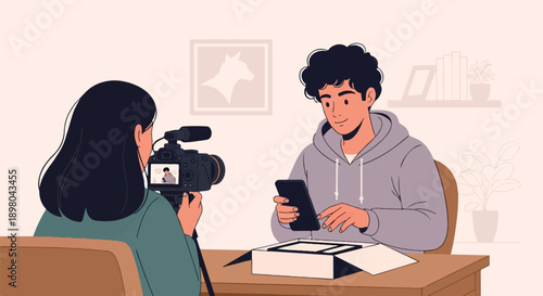 Person films another person unboxing a product while sitting at a table