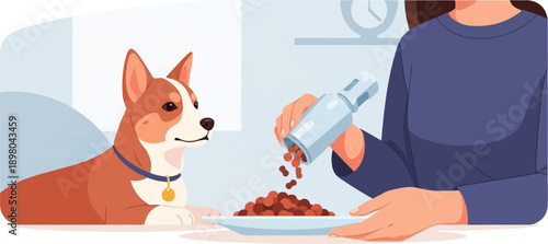 Person feeding dog from a jar of kibble into a plate