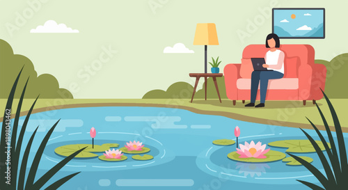 Person relaxing on couch using laptop by a pond with water lilies