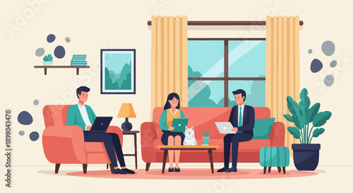 People working on laptops in a cozy living room with a cat