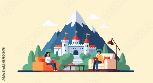 People working on laptops in a cozy living room with a castle backdrop