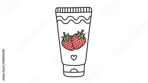 Tube of strawberry flavored cream or toothpaste decorated with fruit illustrations and a heart for personal care and beauty products.