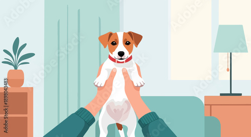 Person holding a cute puppy inside a cozy room with furniture and a plant