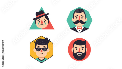 Male avatars with various hairstyles and expressions set within colorful geometric shapes for profile pictures and social media icons.