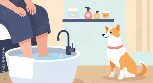 Person relaxing with feet in bath, dog attentively watches nearby spa products