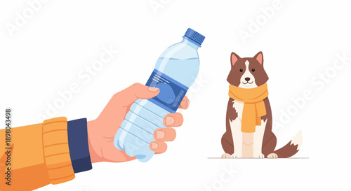 Person holding a water bottle towards a dog wearing a scarf