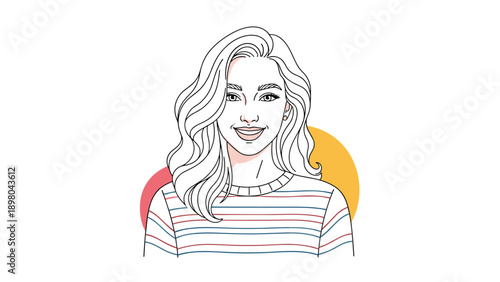 Portrait of a stylish young woman with long blonde hair wearing a striped sweater in a minimalist line art style with colorful accents.
