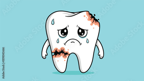 Sad anthropomorphic tooth character crying with dark cavities and decay to illustrate dental health problems and toothache for children.