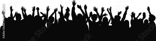 A dense, unified silhouette of a jubilant crowd with arms and hands raised, evoking a powerful sense of shared excitement and festivity