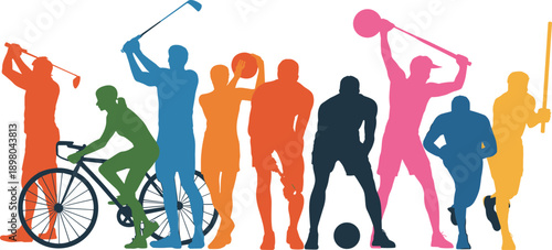 Colorful silhouettes of athletes engaged in various sports activities including golf cycling basketball soccer and boxing
