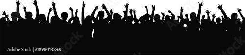 A dense crowd of black silhouettes with raised arms and hands, conveying excitement and celebration at an event or concert