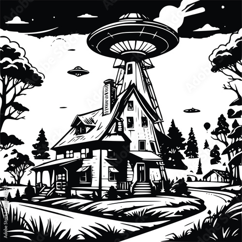 Vintage UFO sci-fi poster illustration aliens abducting farmhouse with windmill
